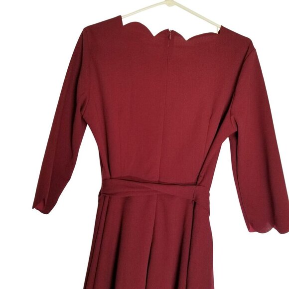 Womens Burgundy Scalloped Neck Long Sleeve Dress Size L Polyester Blend Workwear - Picture 2 of 12